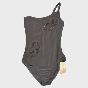 Gideon Oberson Swimsuit Womens Size 10 Black One Shoulder Beaded Embellished New